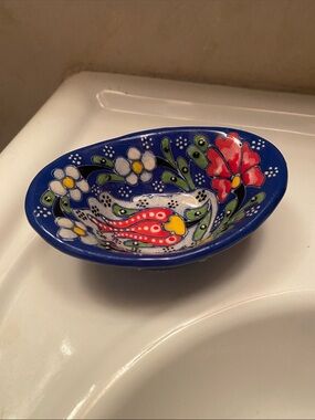 Hand-Painted Blue Floral Ceramic Turkish Bowl Trinket Dish Home Art